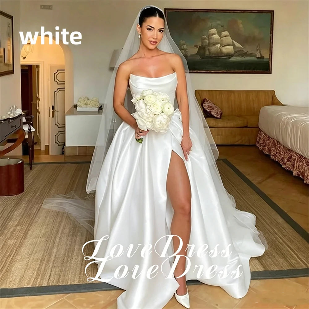 Customized Simple Stain Strapless Pleats A-Line High Side Slit Wedding Dress Pastoral Sleeveless Boat Neck Backless Lace Up 2026