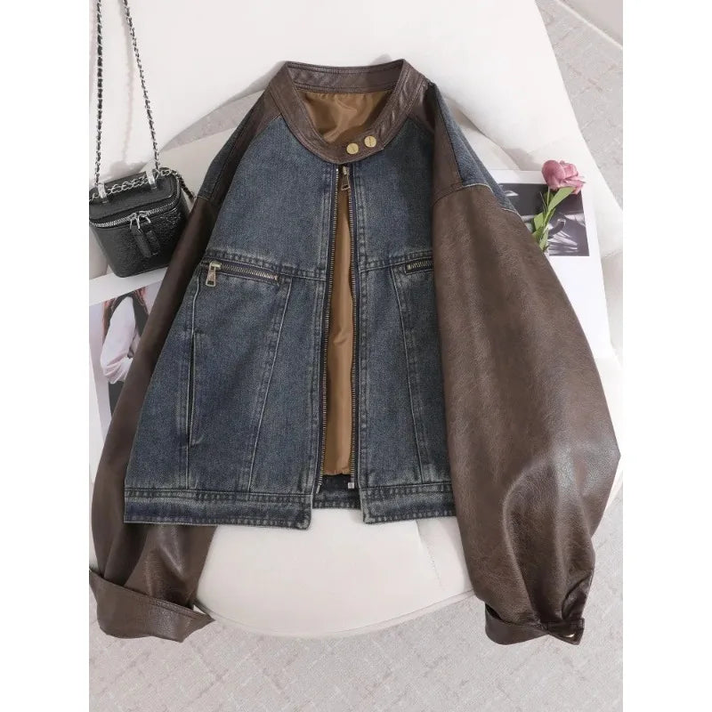 Women American Retro Denim Spliced Leather Jacket Women's 2026 Autumn New Models Are Popular This Year, Small Short Jackets