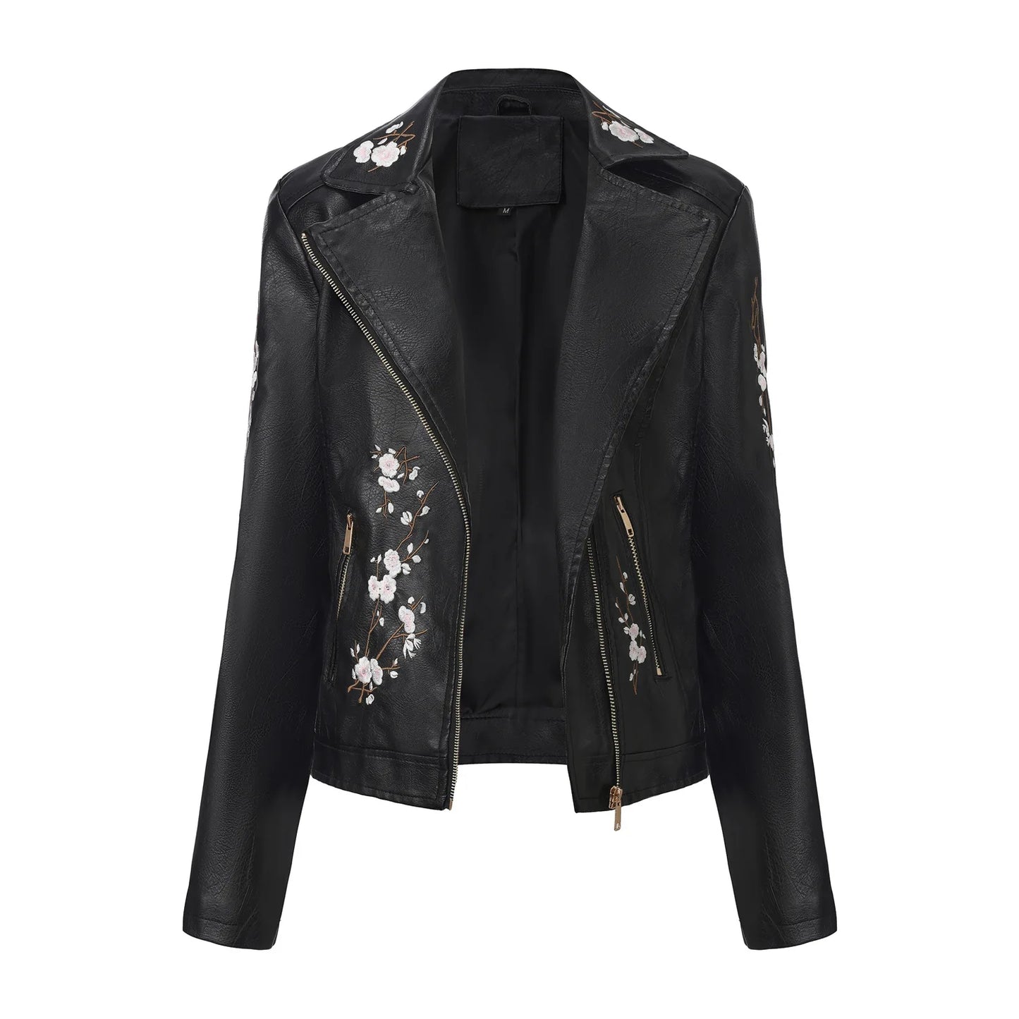 2026 New Women's Black Embroidered PU Jacket, Street-Style Brown Faux Leather Coat, Fashionable Beige Long Sleeves Top.
