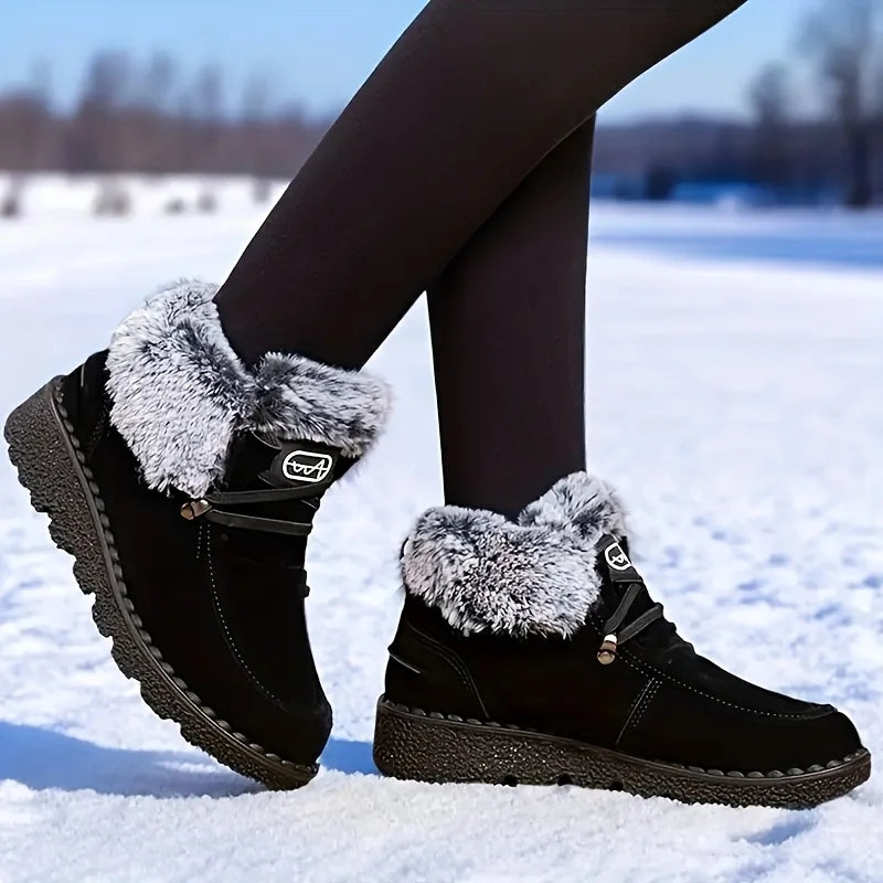 Women Winter Suede Snow Boots Warm Thick Furry Lined Ankle Booties Lace Up Non Slip Lug Sole Waterproof Thermal Shoes for Outdoor Snowfield Walking Cold Weather Daily Casual Wear Black Yellow Navy Three Classic Colors Ladies