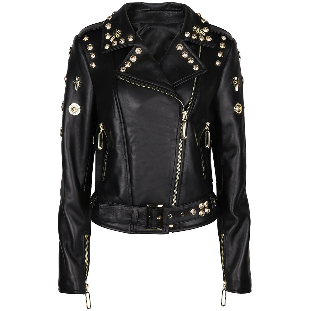 Women Stylish Gold Rivet Real Leather Jacket High Glossy Genuine Leather Asymmetrical Zip Biker Jacket