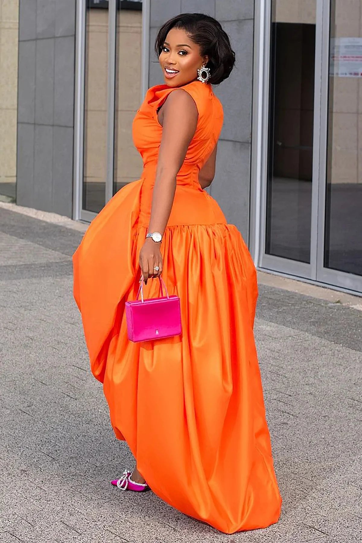 Women's Elegant Cinch Waist Cocktail Maxi Dress Orange Crew Neck Sleeveless High Waist Slim Chic Dinner Club Party Long Dresses