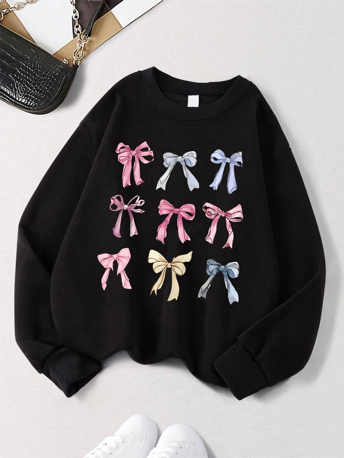 Retro Leopard Print Bow Printed Women Hoodies All-Match Comics Hoody Fleece Casual Clothes Street Hip Hop Pullover Woman