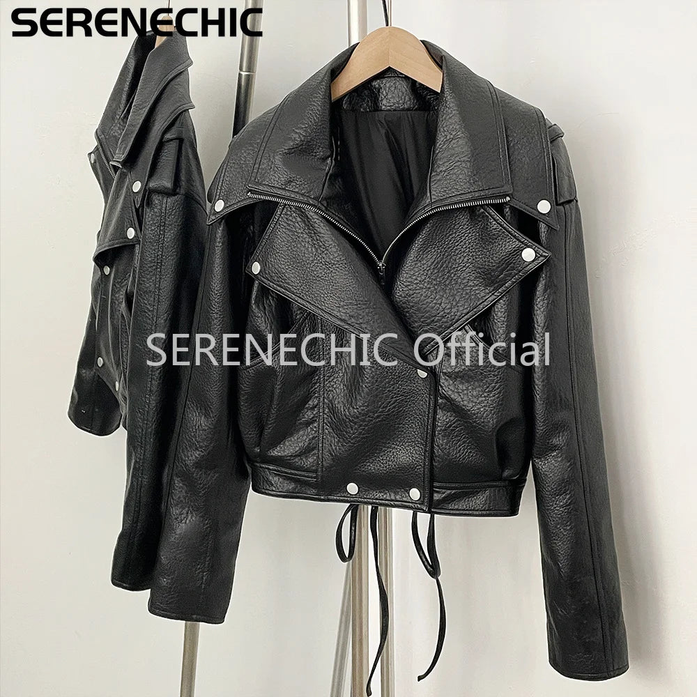 SERENECHIC Women's Black Faux Leather Cropped Moto Jacket Asymmetric Zip PU Biker Coat Female New Autumn Vintage Punk Outerwear