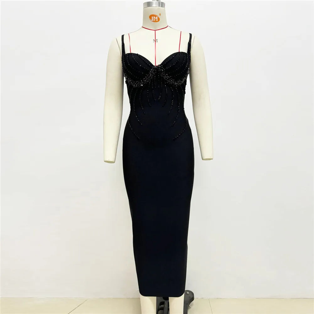 Women Sexy Beading Spaghetti Strap Bandage Dress Bodycon Clothes Club Party Celebrity Elegant Dresses