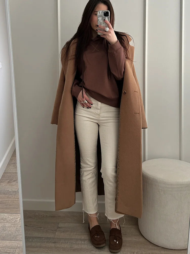 Streamgirl Brown Hoodies With Lace Women Oversize Plain Spring Elegant Butter Yellow Hooded Sweatshirts For Women Oversized