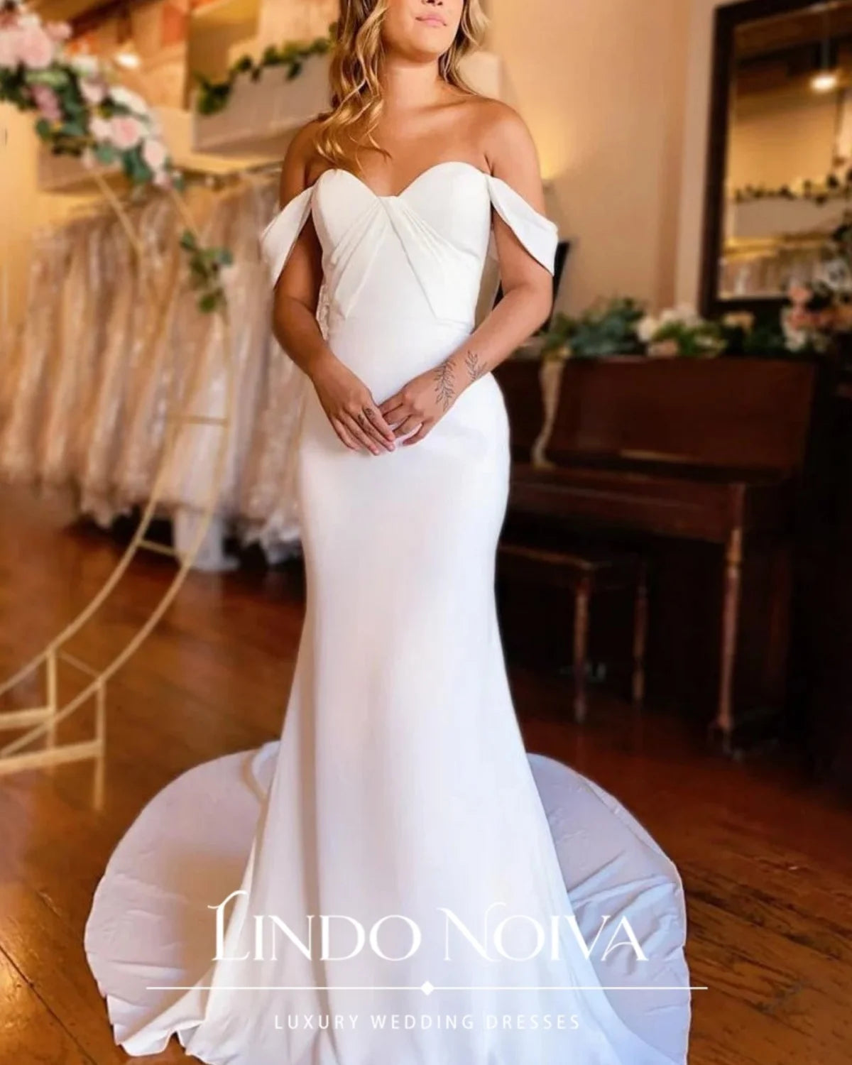 LINDO NOIVA Off The Shoulder Satin Mermaid Wedding Dress Smiple Sweetheart Bridal Gown Court Train Vestido De Novia Customized