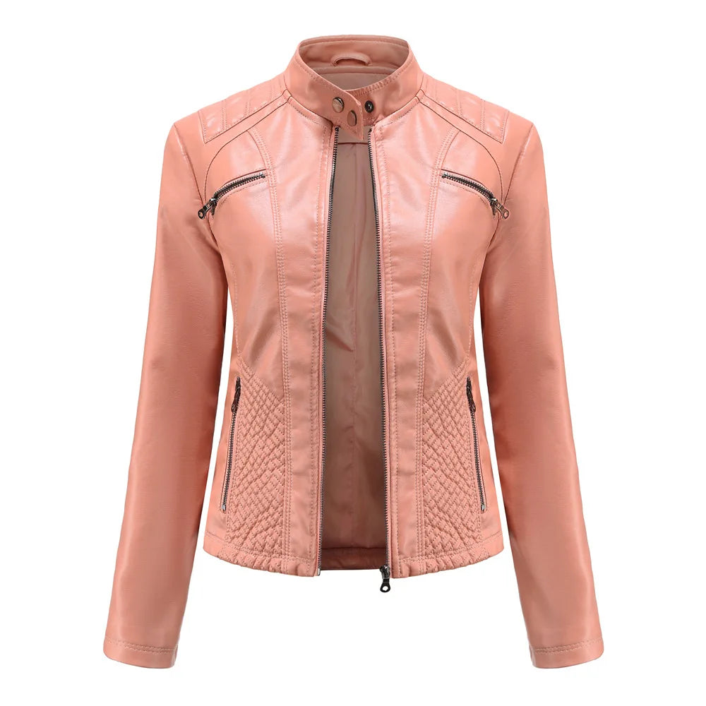 Ladies casual stand-up collar jacket Slim models women's spring and autumn solid color women's leather jacket