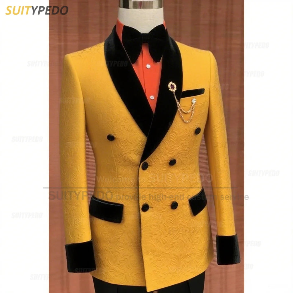 Luxury Jacquard Suit Sets For Men Wedding Banquet Grooms High Quality Outfits Classic Male Double Breasted Blazer Pants 2 Pcs