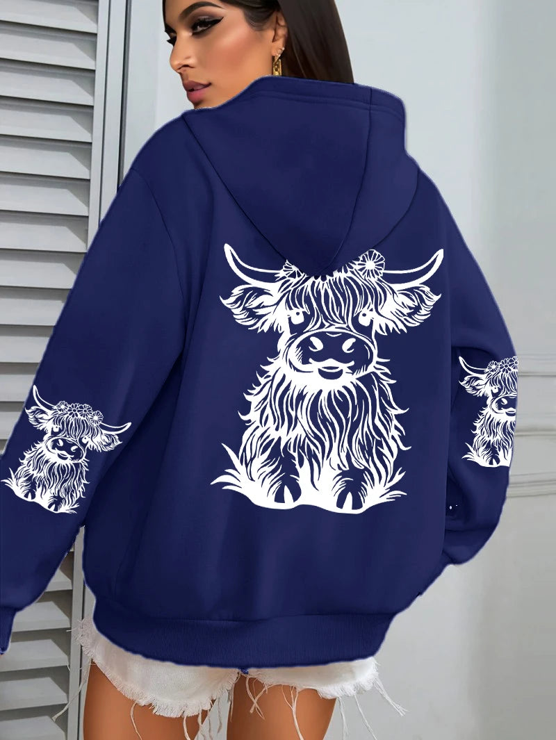 Cute Hair Cow Cartoon Printing Hoodies Womens Fleece Autumn Streetwear Comfortable Casual Hoodie Y2K Pocket All-Match Hoody