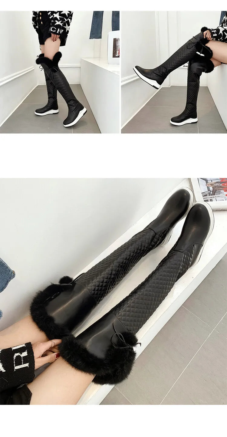 Women's Winter High Snow Boots Warm Fur Plush Black White Over the Knee High Boot Ladies Casual Wedge Heels Rain Shoe Waterproof