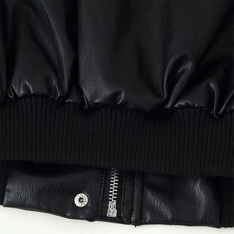  Women's Faux Leather Bomber Jacket Black Stand Collar Cropped Loose Vintage Outerwear 2026 Autumn Lady Street Chic Casual Coat
