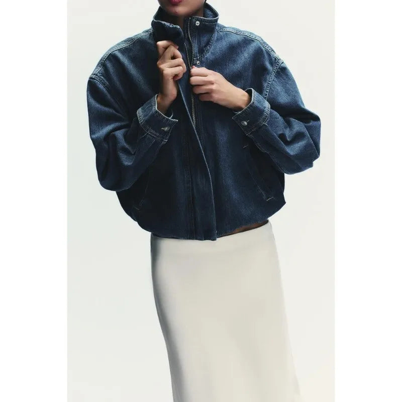 Vintage Washed Denim Zip Up Jacket High Collar Relaxed Fit Slant Pockets Women Streetwear Short Jean Coat Valentine Gift 260602