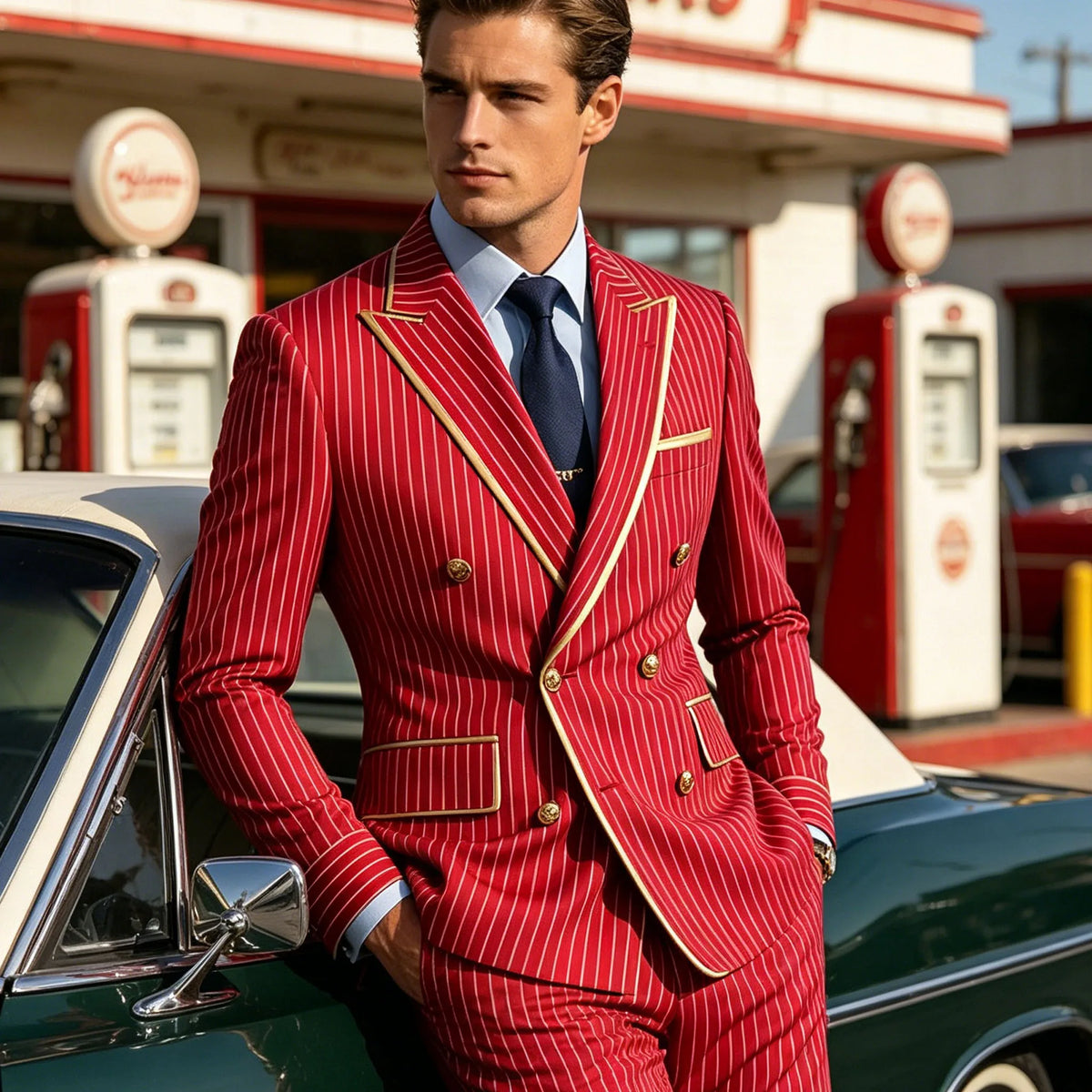 Men's Pinstripe Blazer Double Breasted Slim Fit Peaked Lapel With Gold Trim Formal Suit Jacket  For Groomsman Wedding Prom Hot
