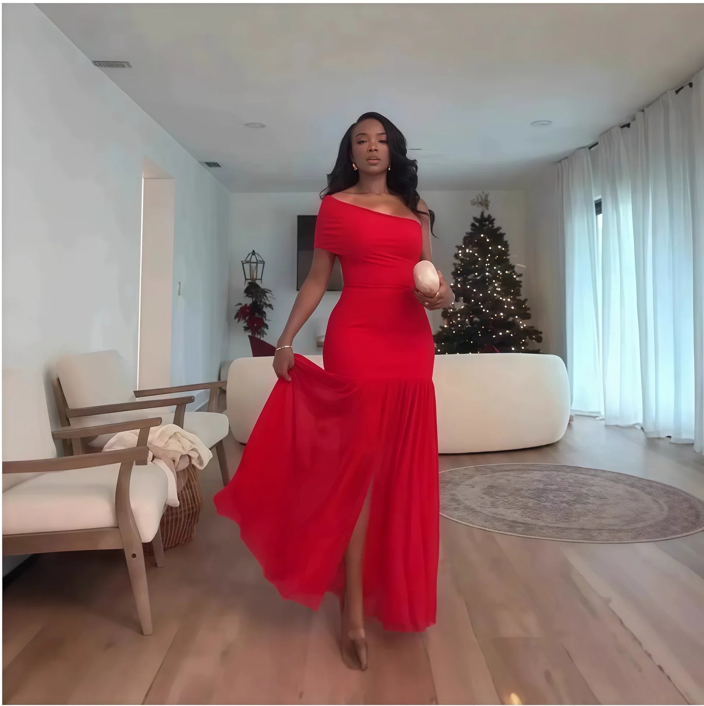 Women One Shoulder Skew Neck High Split Pleated Hem Bodycon Long Maxi Dress 2025 Evening Sexy Club Party Dresses Vestido