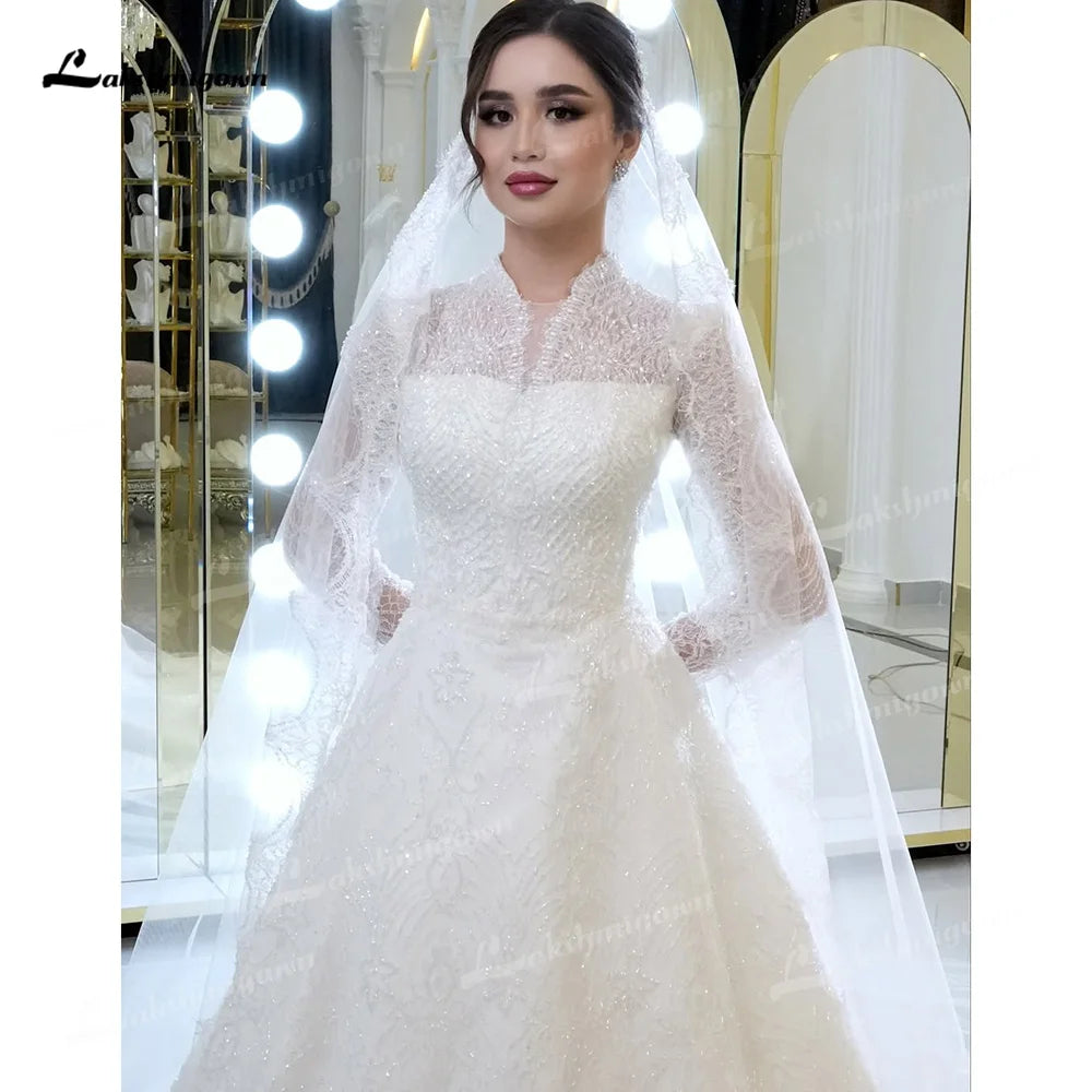 Luxury Illusion High Neck Long Sleeve A Line Wedding Dress Lace Beaded Sequins Bridal Gown vestidos de novia 웨딩드레스 Customized