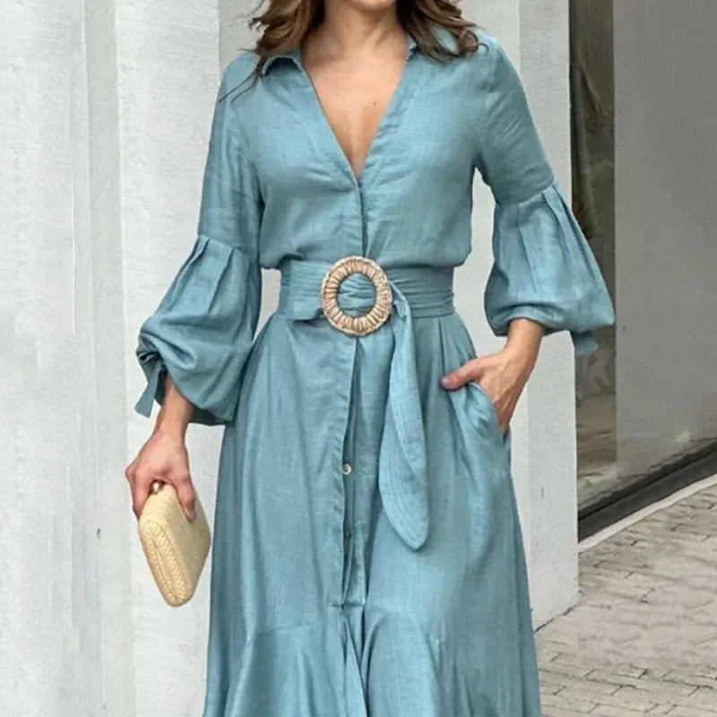 Elegant Dresses for Women Fashion Solid Lantern Sleeve Ruffle Hem Pocket Design Belt Maxi Dress Office Ladies Temperament Dress