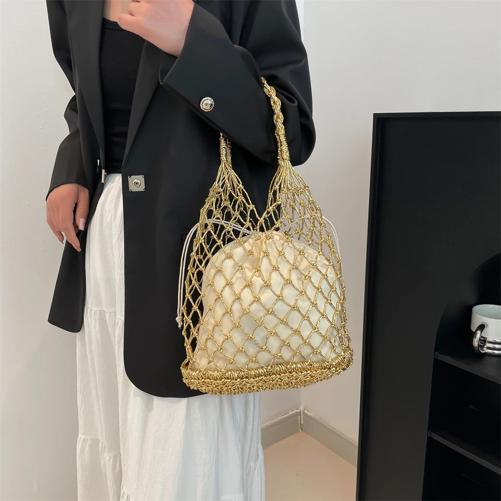 MOODS Handmade Woven Design Round Handle Handbags For Women Eco-friendly Craft Paper Hollow-out Luxury Designer Top-handle Bags