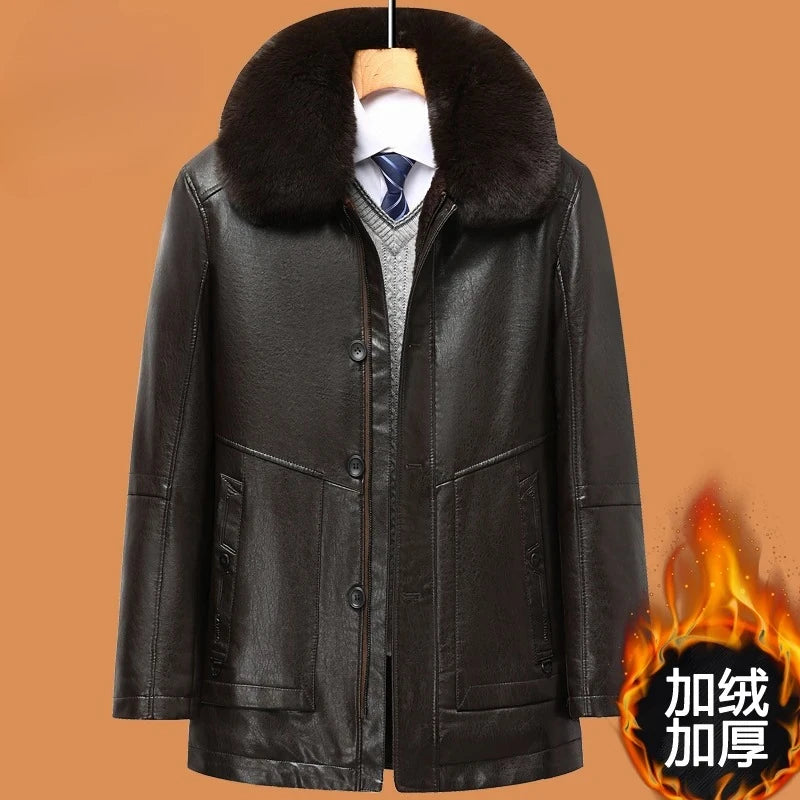Leather Jacket Men Winter Jacket Men Medium Length Plush Thickened Leather Coat for Men Fur Collar Windbreaker for The Elderly