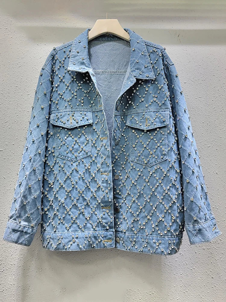 DEAT Women's Denim Coat Blue Long Sleeve Full Diamonds Distressed Jacquard Plaid Jackets 2026 Summer Summer New Fashion 29L7709