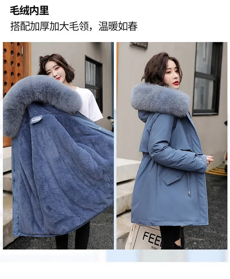 Winter Coat Low Price On Sale Women Beige Add Wool Thick Warmth Fur Hooded Parkas Jacket 2026 New Fashion Belt Slim Cotton Coat