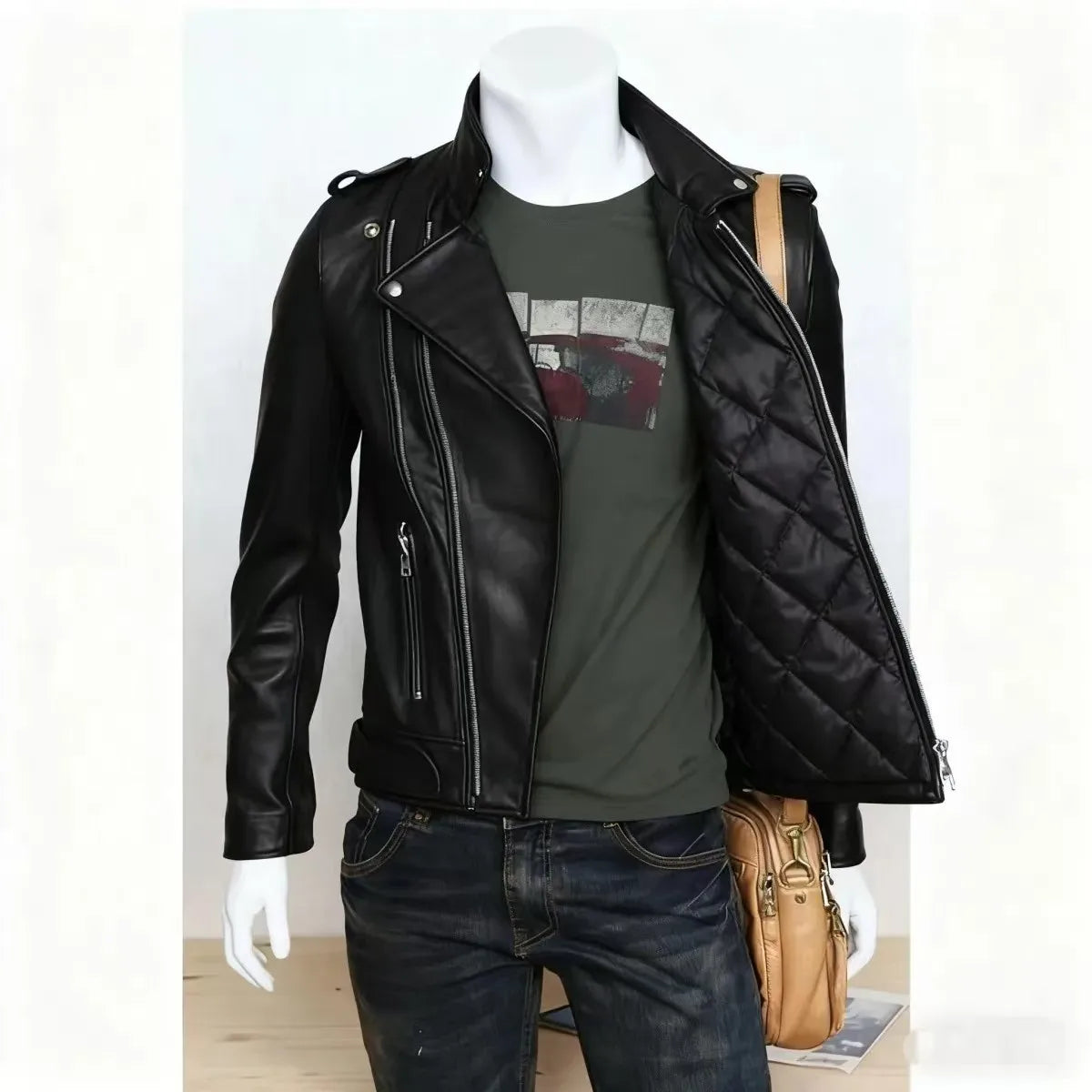 Winter and Autumn Men's Oversized Button-down PU Leather Coat with Multiple Zippers Polo Jacket, with Many Zippers