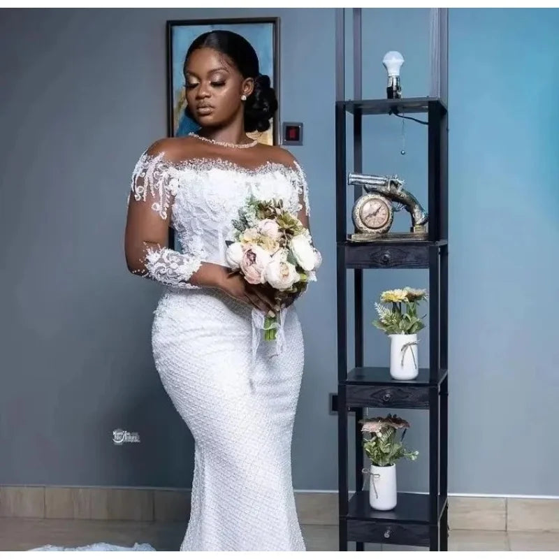 Custom 2026 New African Mermaid Wedding Dresses Elegant Sheer Long Sleeves Bridal Gowns O-neck Applique Second Reception Dress