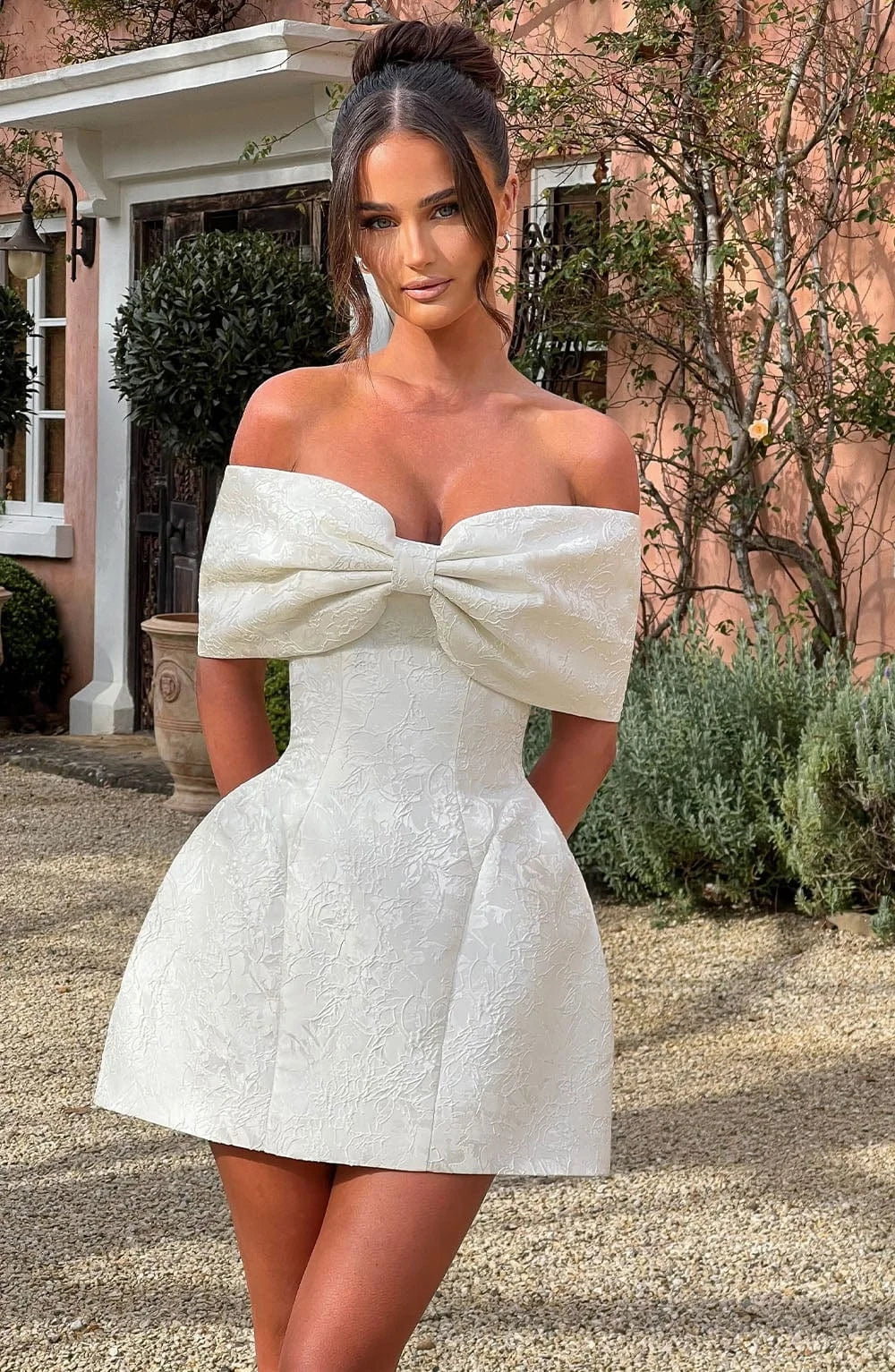 Pink Big Bow Jacquard Prom Dress Off Shoulder Women Formal Evening Gowns Fitted Mini Skirt For Wedding Cocktail Party