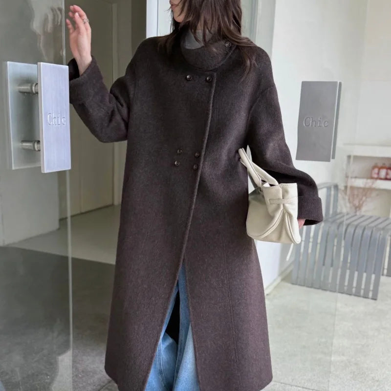Ladies' 100% wool coat, high-end slimming stand up collar, double breasted loose long woolen coat, autumn and winter bestseller