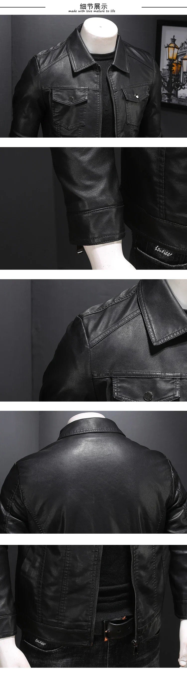 Men's Motorcycle Leather Jacket Large Size Pocket Black Zipper Lapel Slim Fit Male Spring Autumn High Quality PU Coat