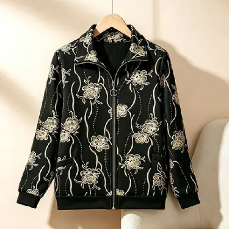 Womens Mom Floral Print Zip Up Jacket Lapel Collar Casual Loose Outerwear For Middle Aged Ladies