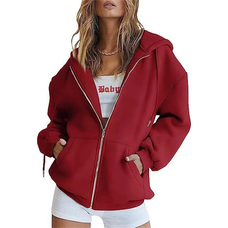 Spring Autumn Winter Fashion Zipper Hoodies Women Cardigan Coat Daily Long Sleeve Tops Versatile Casual Hoodies Women Sweatshirt