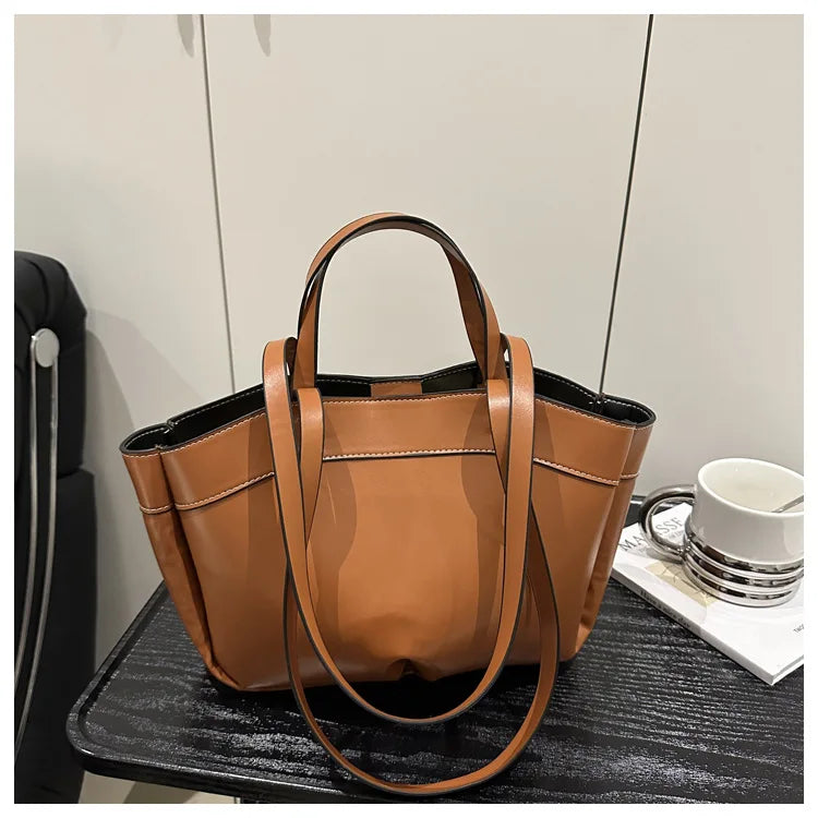 Solid Color Soft Leather Handbag Women Single Shoulder Tote Bag, Large Capacity Commuting Set Handbags Shopping Cross Body Bags