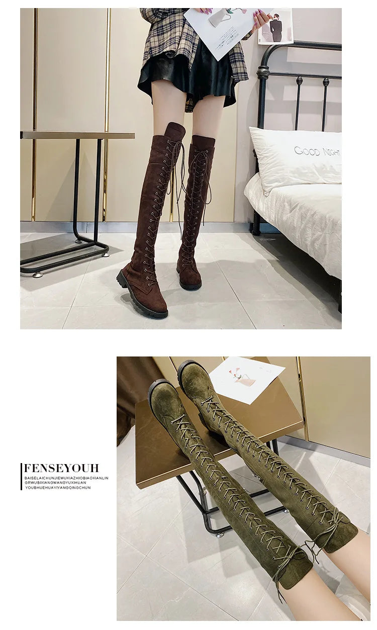Side Zipper Lace-up Women's Long Botas Brown Black Suede Mid Heel Over-the-Knee Boots for Women Ladies Thigh High Boots Size 43