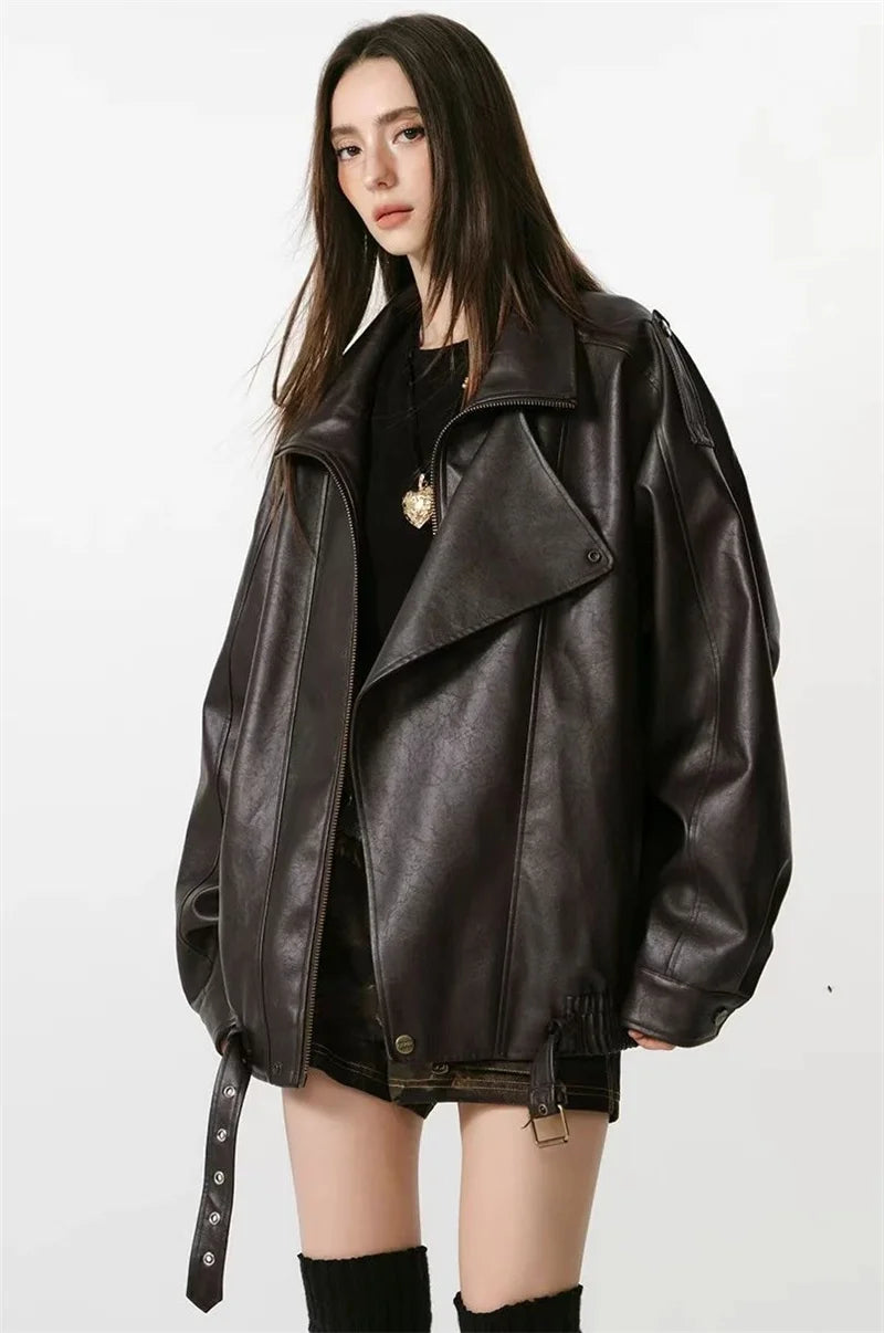 Winter Ladies High End Faux Leather Outwear American Femme Long Sleeves PU Leather Jacket Autumn Women Fashion Casual Loose Coat