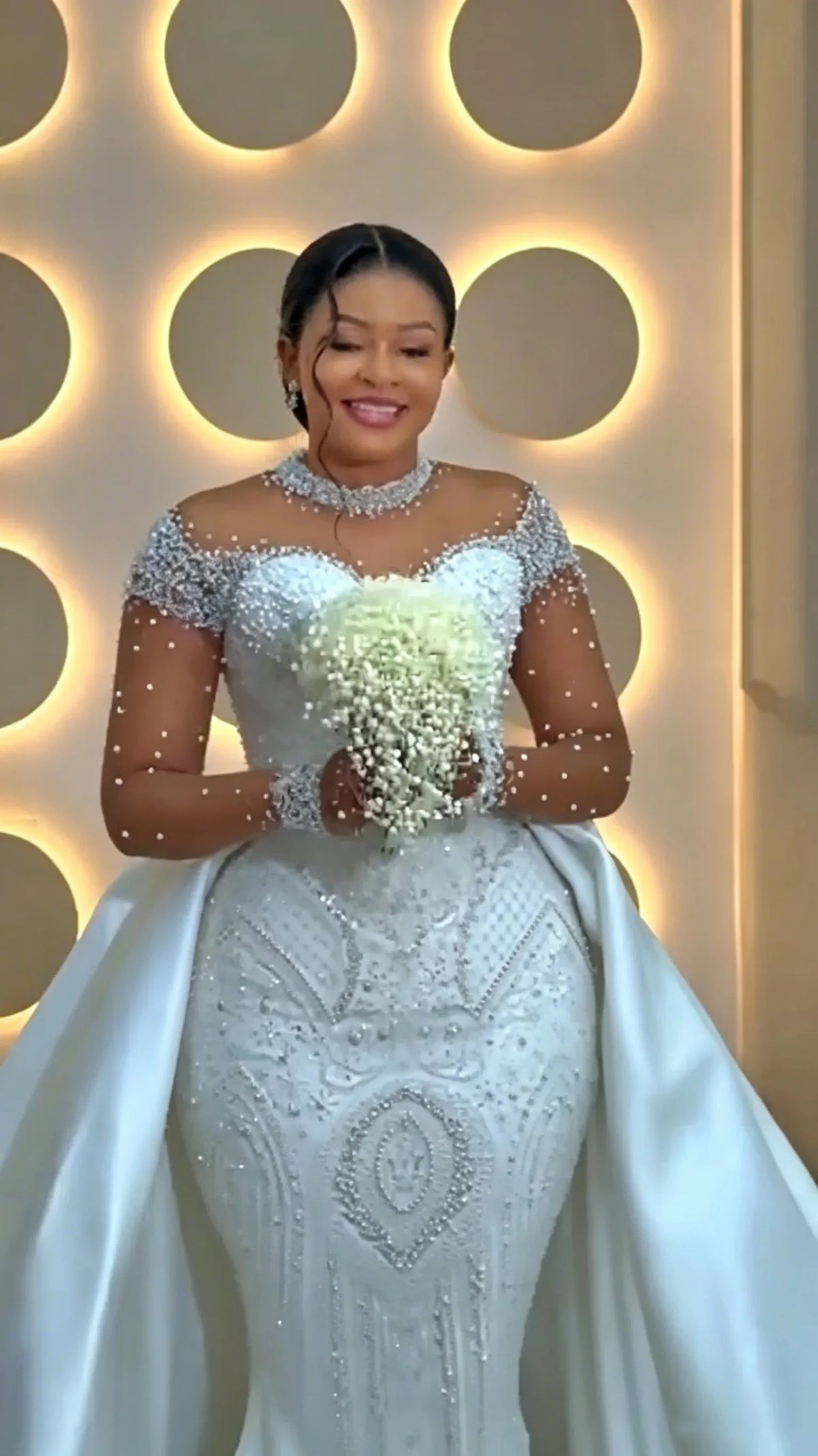 2026 Luxury Off Shoulder Mermaid Wedding Dress High Collar Beaded Transparent Long Sleeve Bride Dress Detachable Tail Customized
