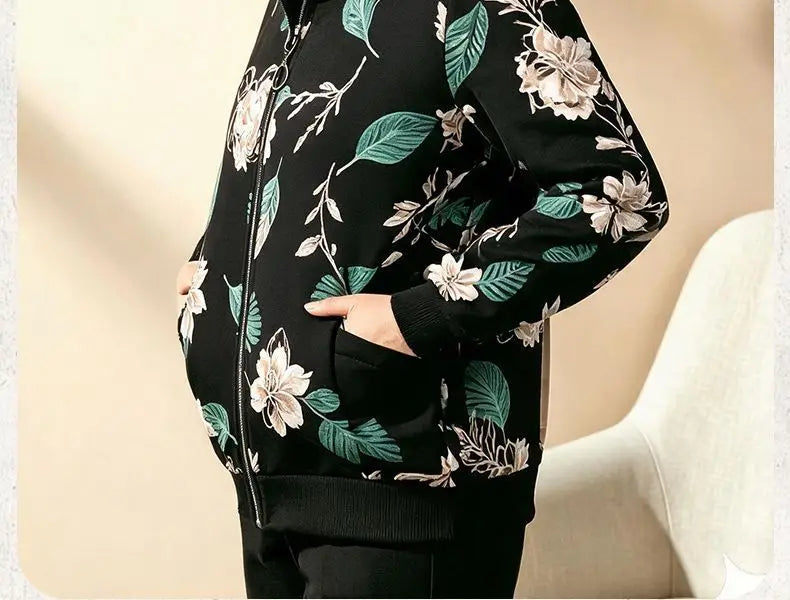 Womens Mom Floral Print Zip Up Jacket Lapel Collar Casual Loose Outerwear For Middle Aged Ladies