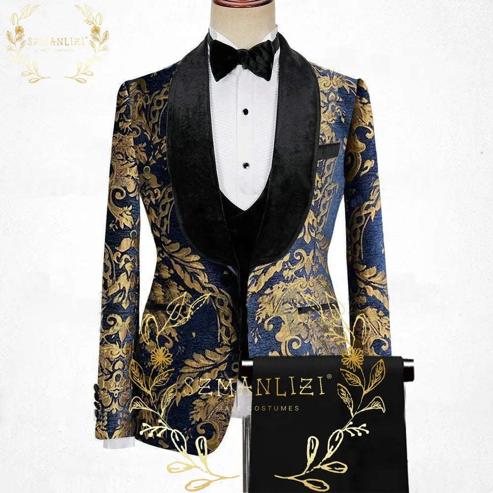 Latest Designs Printed Floral Mens Suits For Wedding Shawl Lapel Groom Tuxedos Slim Fit Terno Masculino Prom Party 3 Pieces Set
