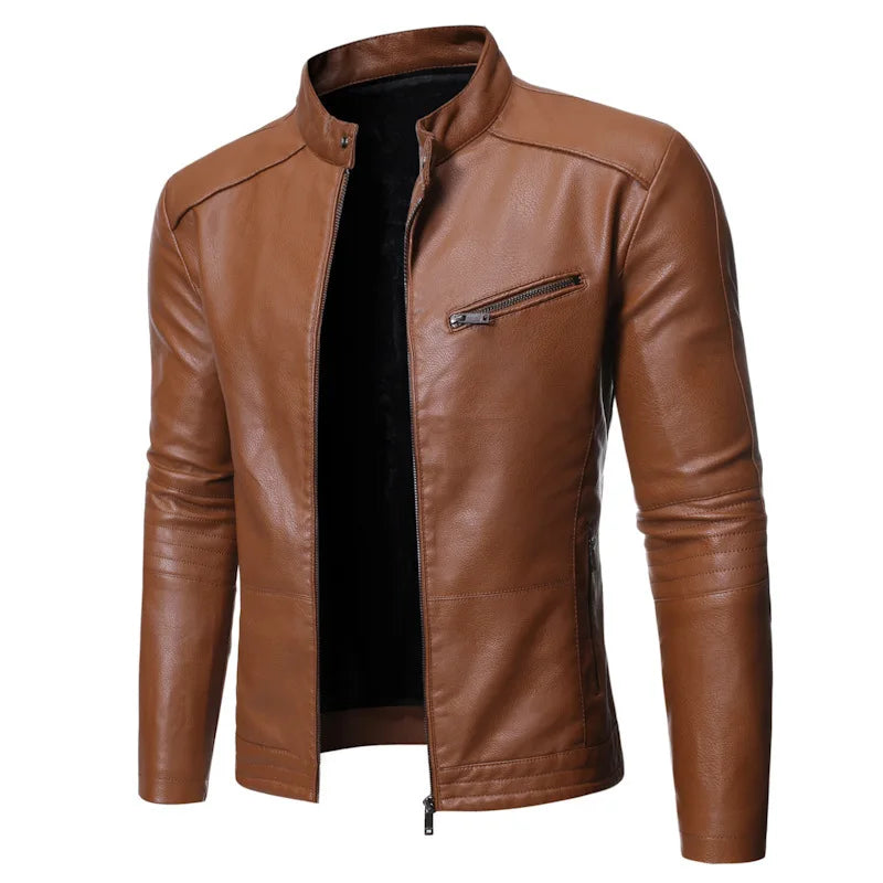 Men's Motorcycle Leather Jacket Autumn Winter Stand Collar Biker Jacket Korean Fashion PU Leather Coat Slim Fit Men's Outerwear