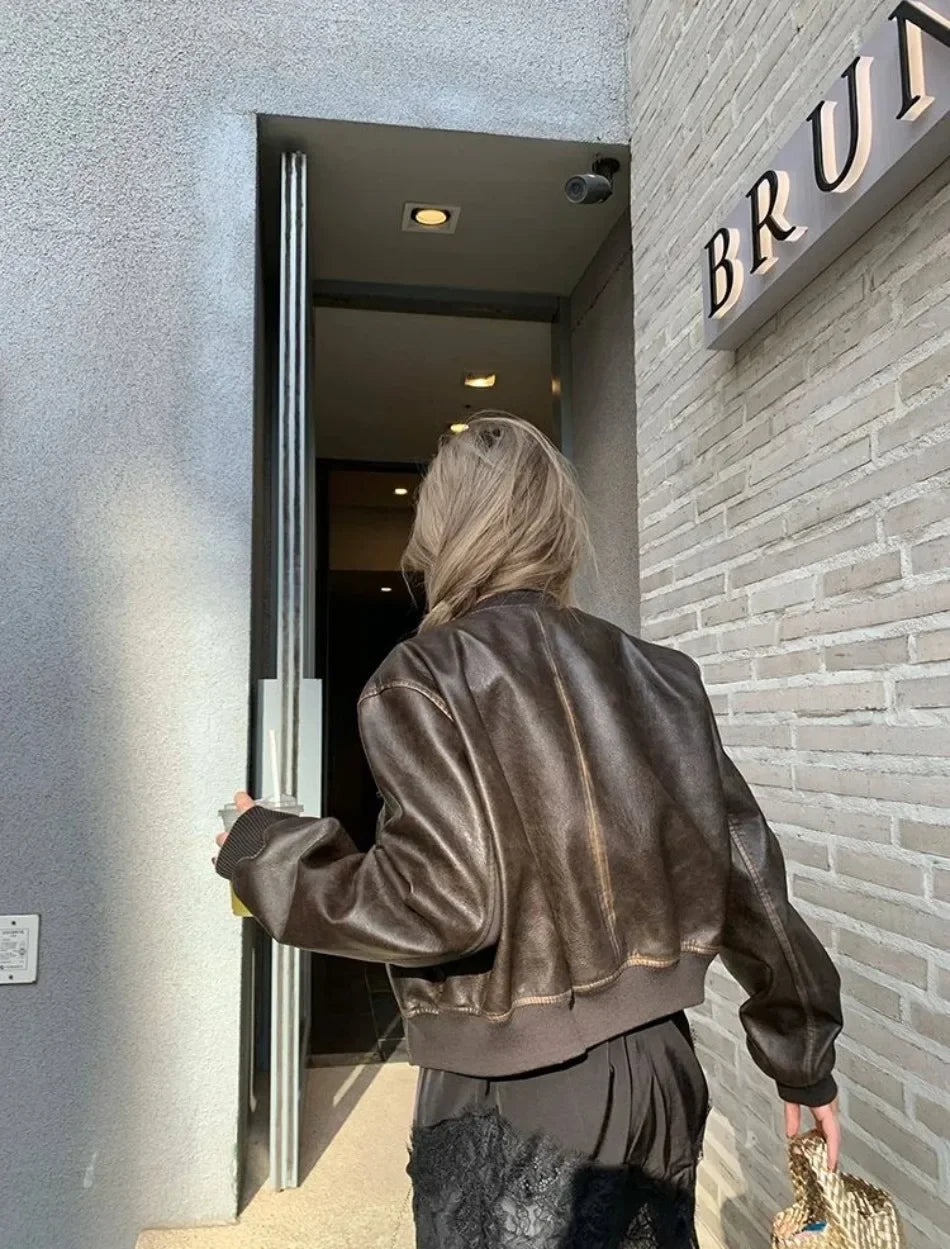 New in Autumn Winter Women High End Short Motorcycle Leather Jacket Women Top Retro Brown Loose Casual Coat Female Clothing