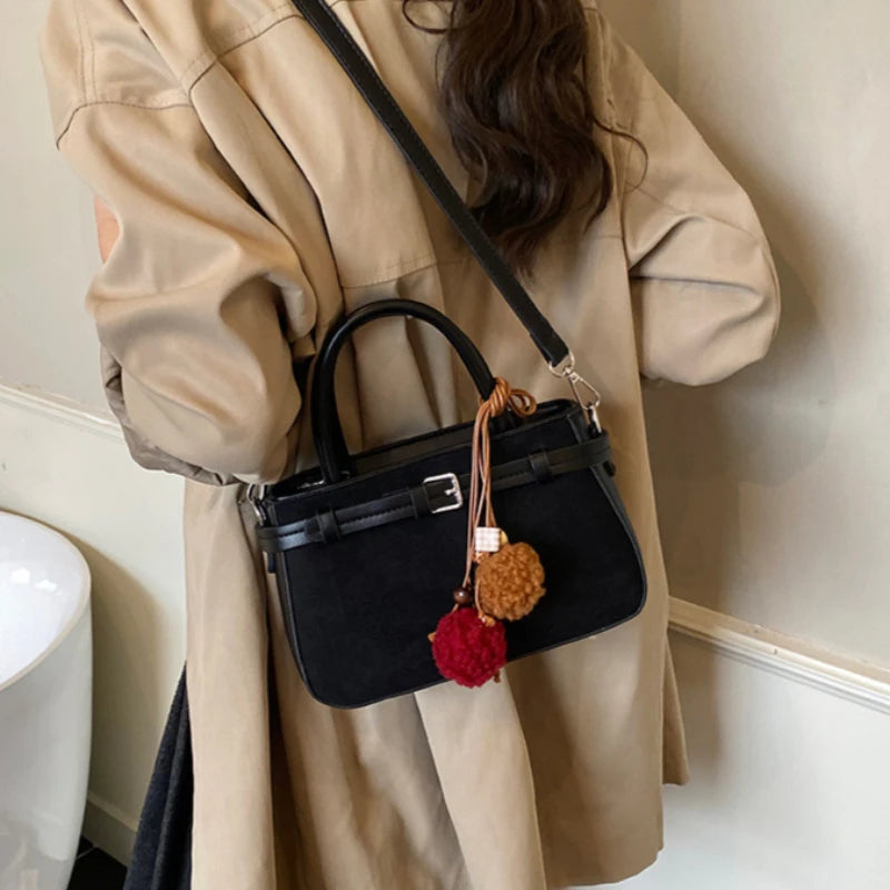 Retro Faux Suede Women's Handbag Fashionable Small Square Bag 2025 Winter Simple Short Handle Single Shoulder Crossbody Bag