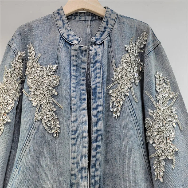 DEAT Women's Denim Coat Stand Collar Luxury Diamonds Shiny Female Buttonless Short Jackets 2026 Summer New Fashion 29A376