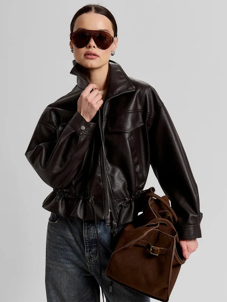 LGRQ Stand‑Collar Long Sleeve Biker Faux Leather Jacket Women Vintage Drawstring Waist Cropped Outerwear 2026 Autumn 19DB3772