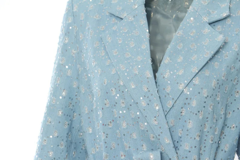Runway Women Long Denim Jacket Sequin Luxury Jeans Coat Belt Stylish Windbreaker Winter Outerwear Korean Streetwear Overcoat