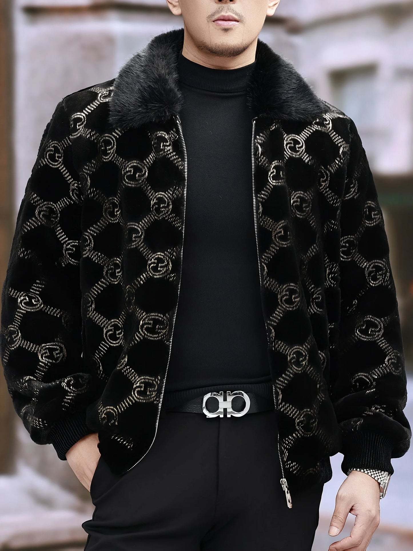 Winter Men's Warm Lapel Bronzing Printed Imitation Mink Jacket