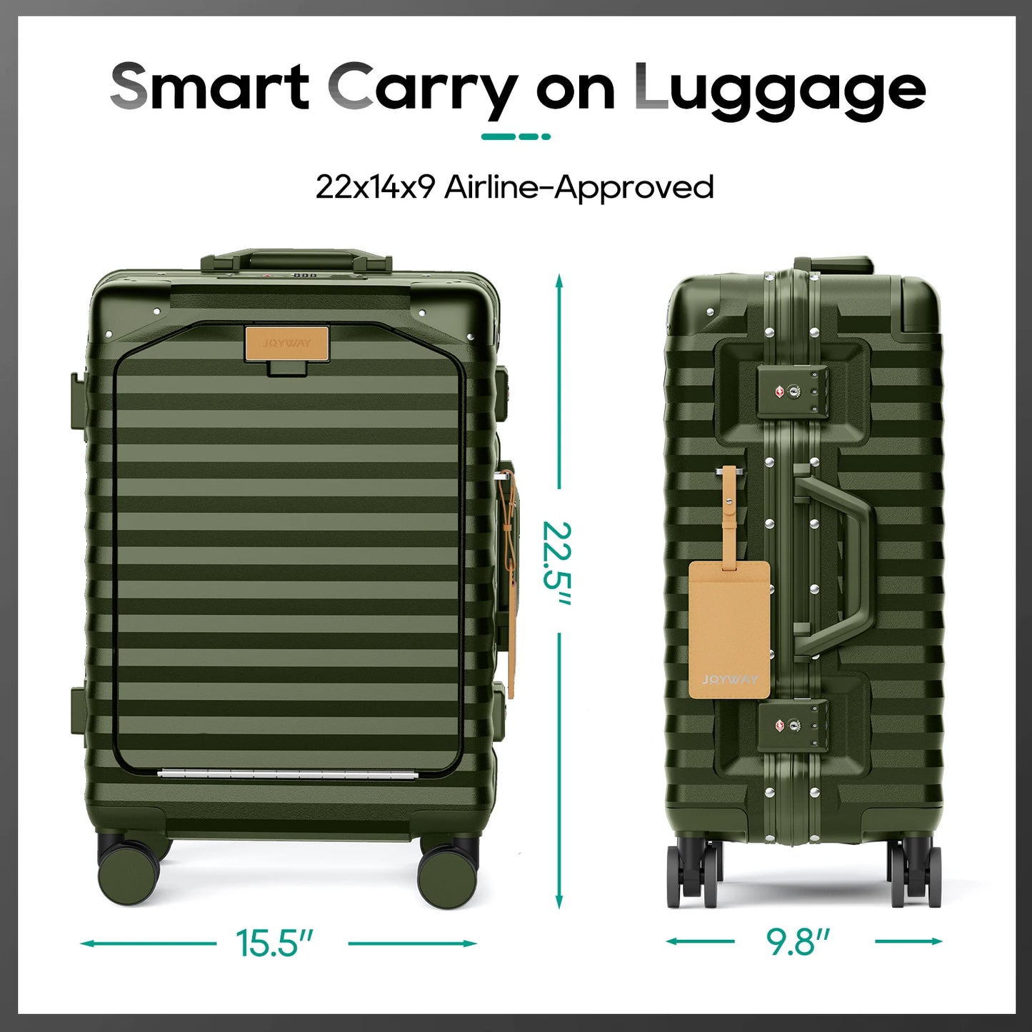 Joyway 20 inch Aluminium Carry on Luggage Suitcase with Front Pocket, USB Port, Cup Holder, TSA Lock and Spinner Wheels