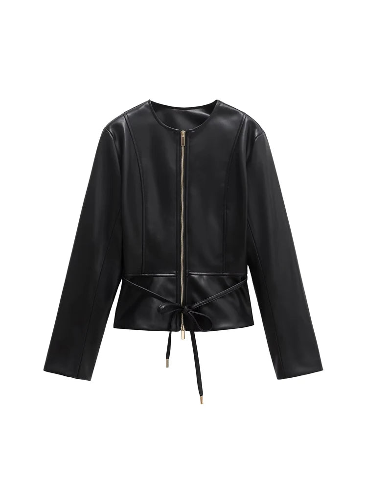 Women's Faux Leather Jacket Black Zip Front Drawstring Peplum Hem Slim Elegant Outerwear Fashion Daily Street Casual Short Coat