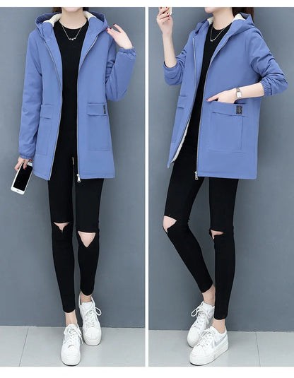 2023 Autumn Winter New Thick Warm Lamb Wool Cotton-padded Coat Women's Mid-length All-fit Loose Hooded Female Blouse