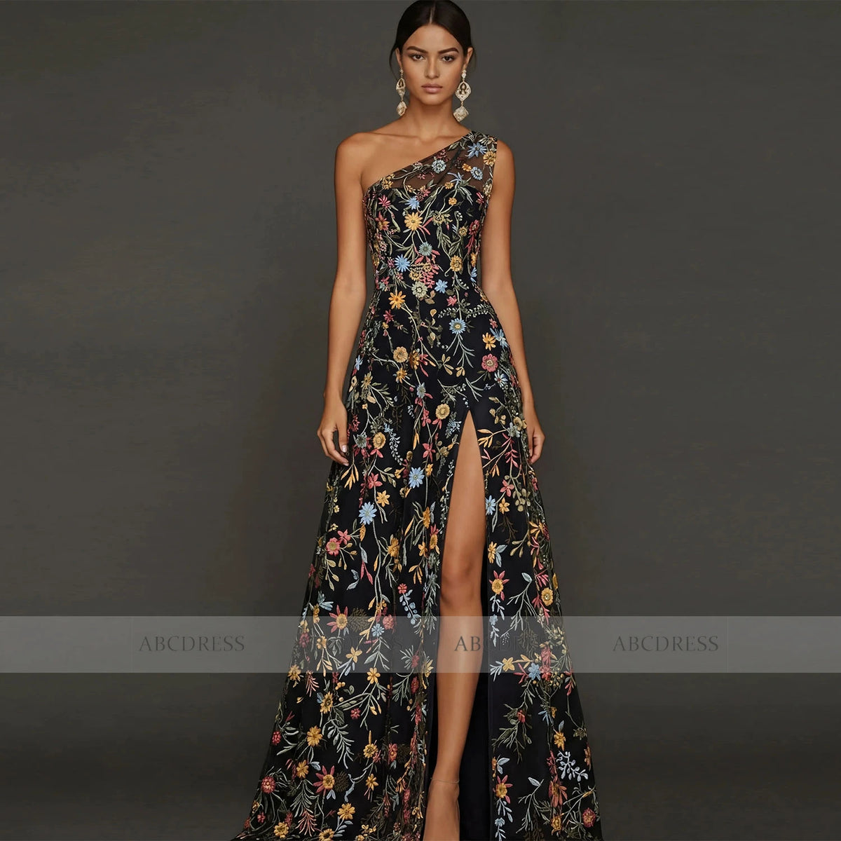 Customized Floral Embroidery Tulle Prom Dress One‑Shoulder Long Formal Evening Gown Backless Wedding Guest Dresses Plus Size