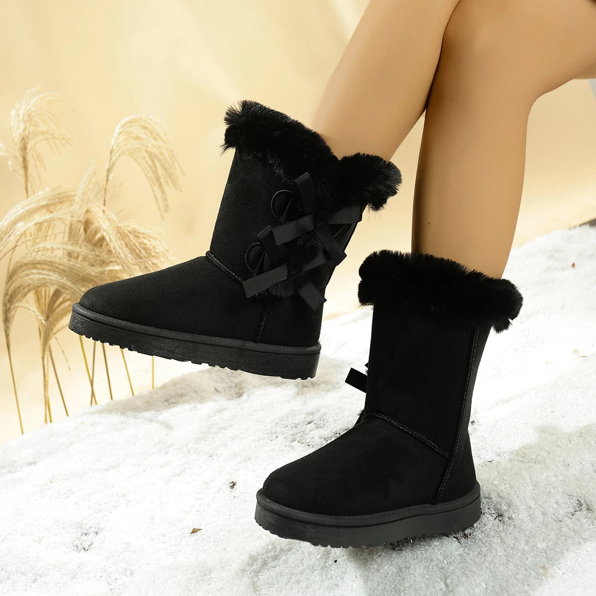 Fashion New Round Head Bow Sexy Warm Casual Walking Boots Winter Large Size Plus Velvet Comfortable Snow Boots for Women